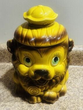 Vintage Lion LOLLIPOP Crown Japan Cookie Jar Joy's Yellow Brown Retro Canister